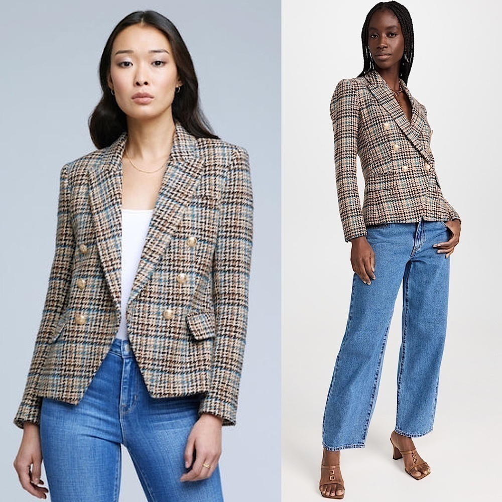 NWT L’AGENCE Kenzie Tweed Plaid Check Double Breasted Wool Academia Blazer 2 - Picture 1 of 16